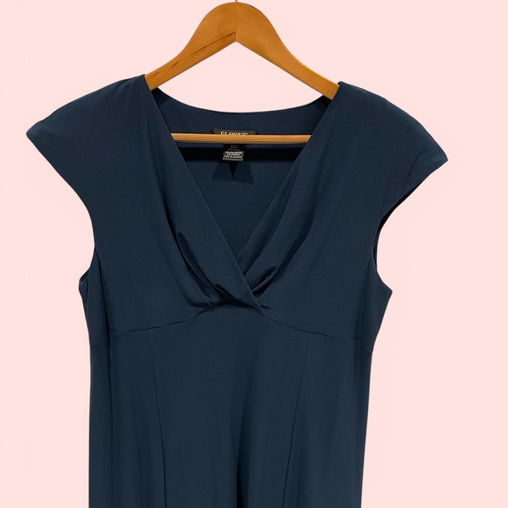 Y2K navy blue babydoll midi dress cap sleeve deep v-neck flowy stretchy